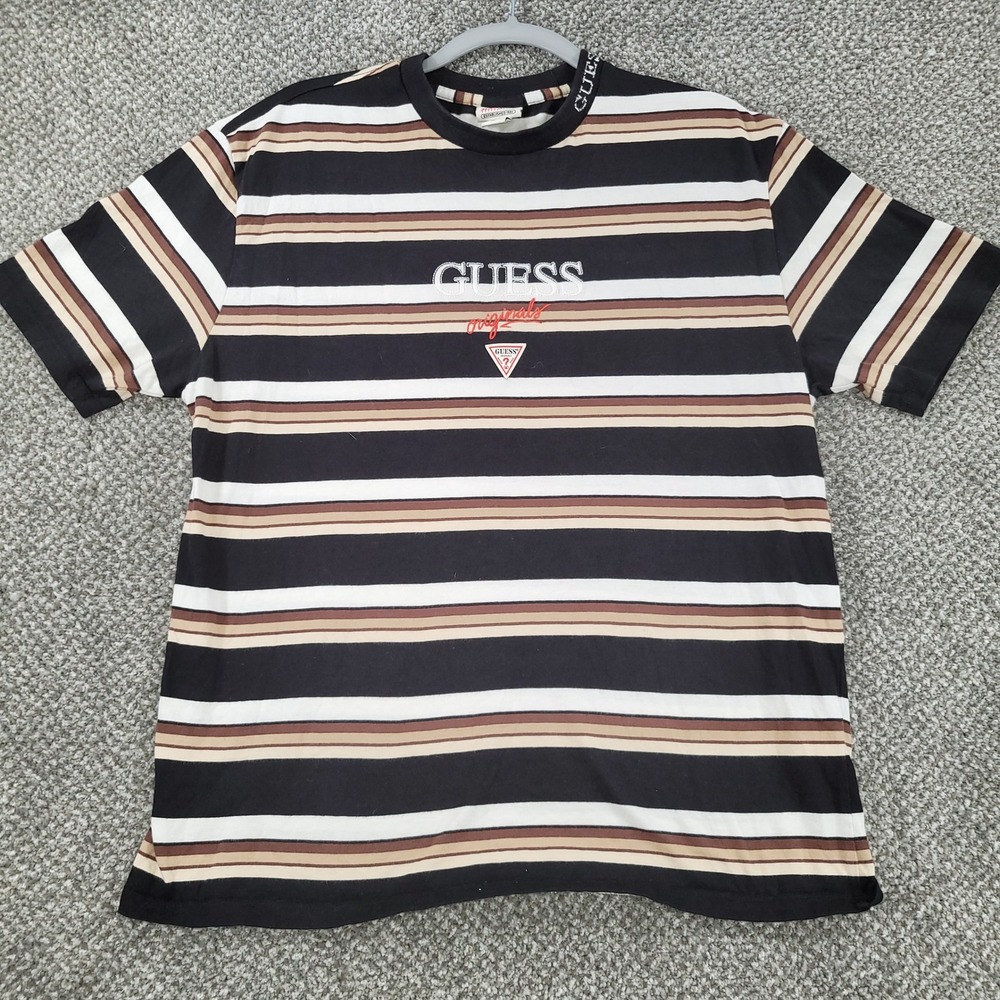 Guess Originals Mens Striped Retro Style T-Shirt Black Brown White Logo Small